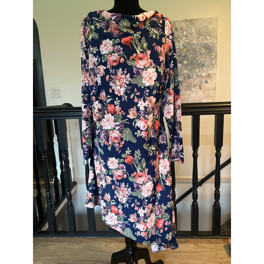 Abercrombie & Fitch Navy Floral Cowl Neck Asymmetrical Handkerchief Hem Dress XL